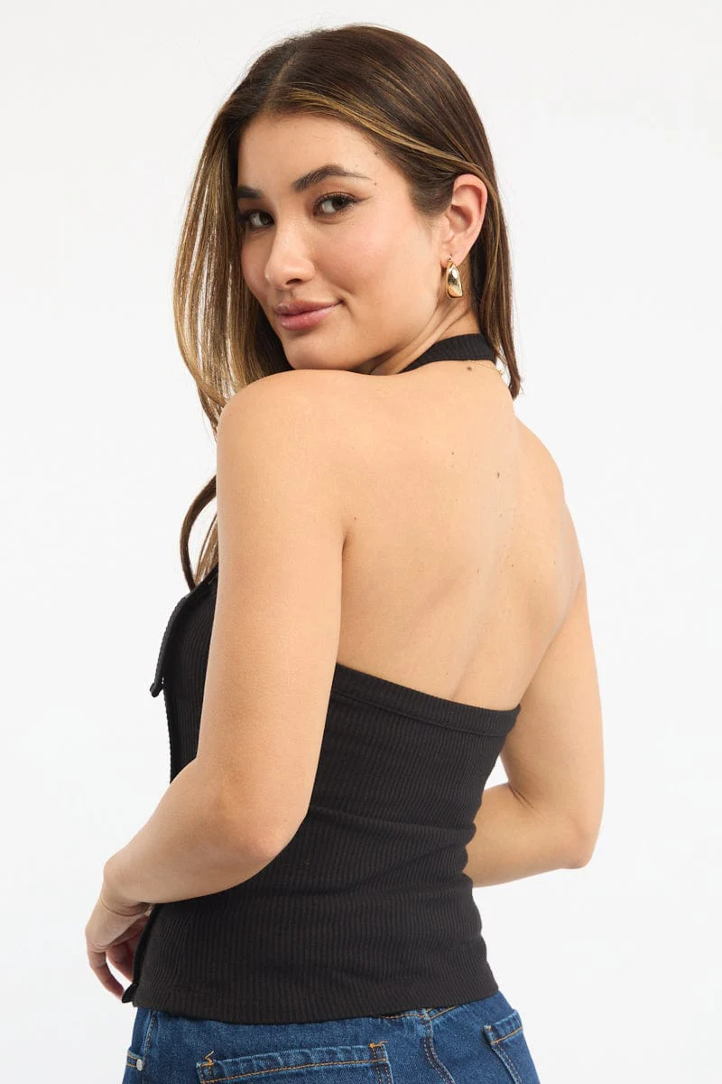 Black Halter Neck Top Rib - Image 4
