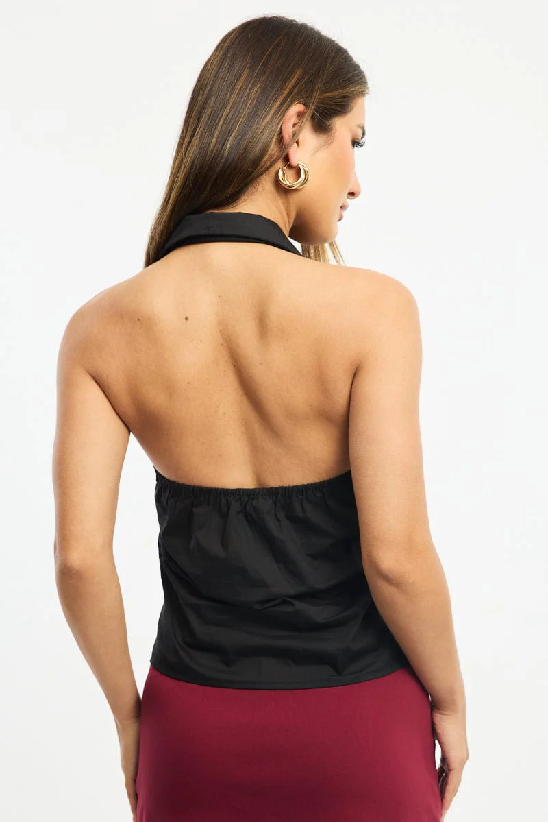 Black Halter Shirt Top Sleeveless Collared Button Up - Image 4