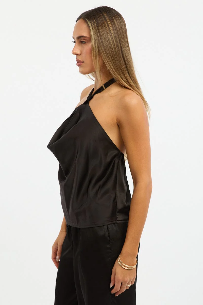 Black Halter Top Cowl Neck Sleeveless Satin - Image 4