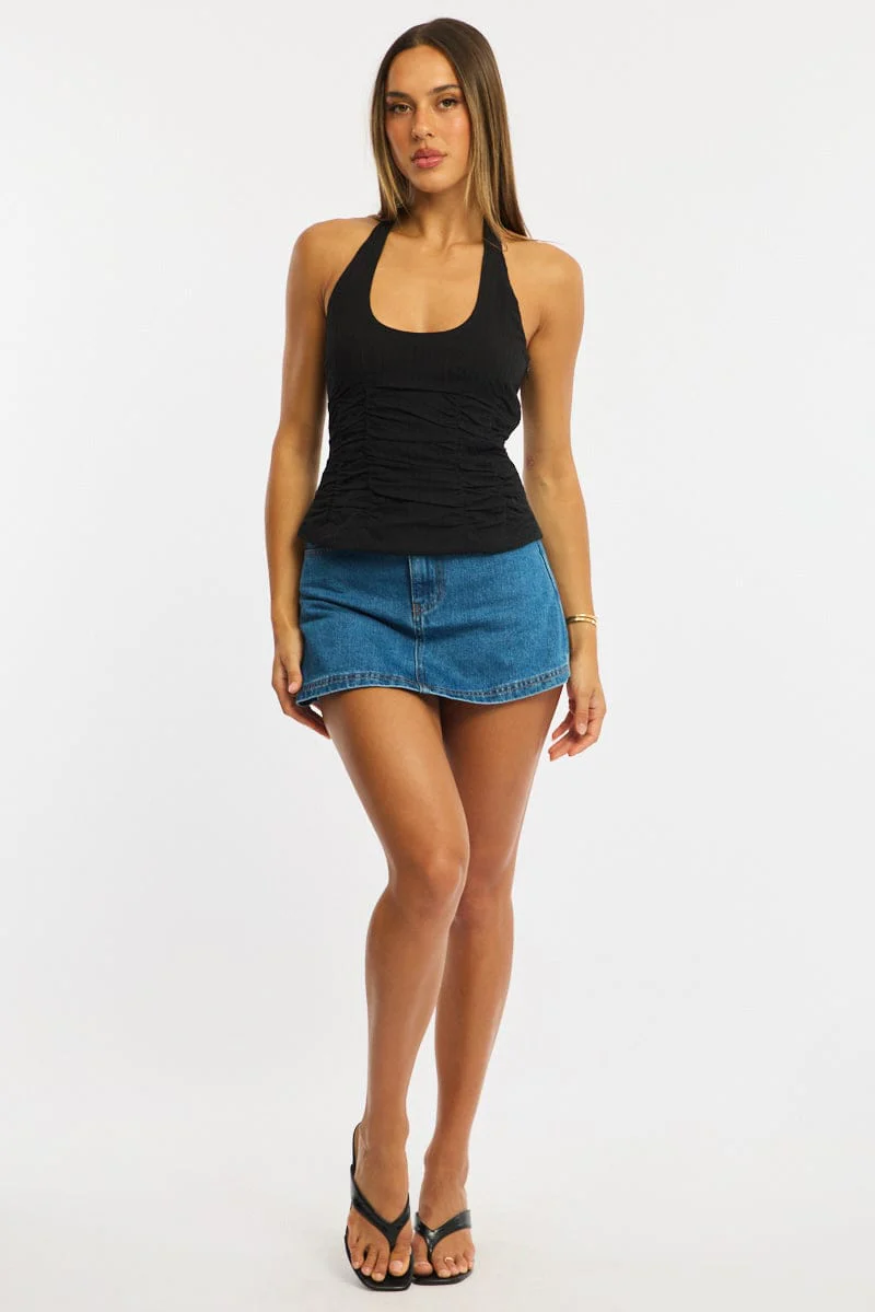 Black Halter Top Sleeveless Gathered Textured Cotton - Image 2