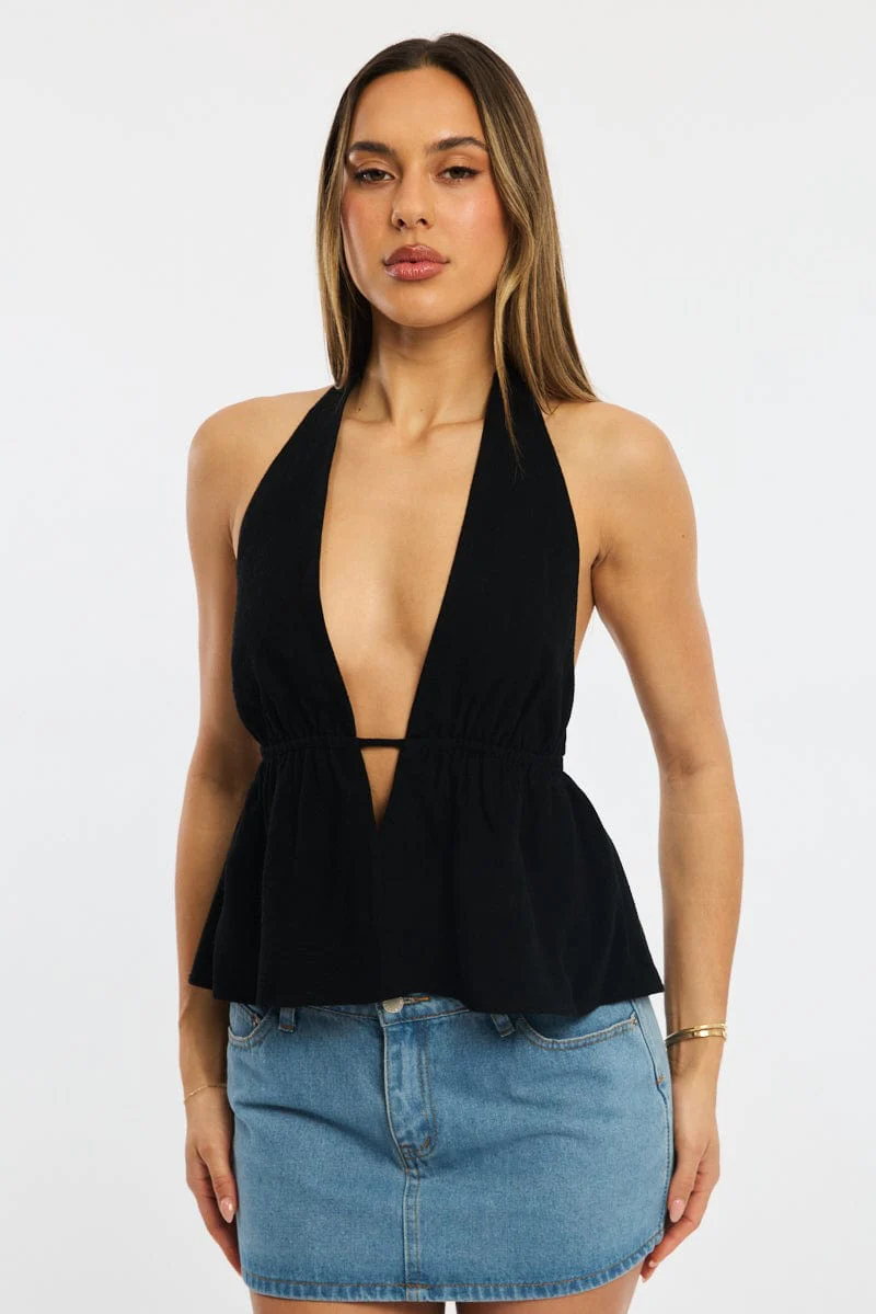 Black Halter Top Sleeveless V-neck Linen Blend