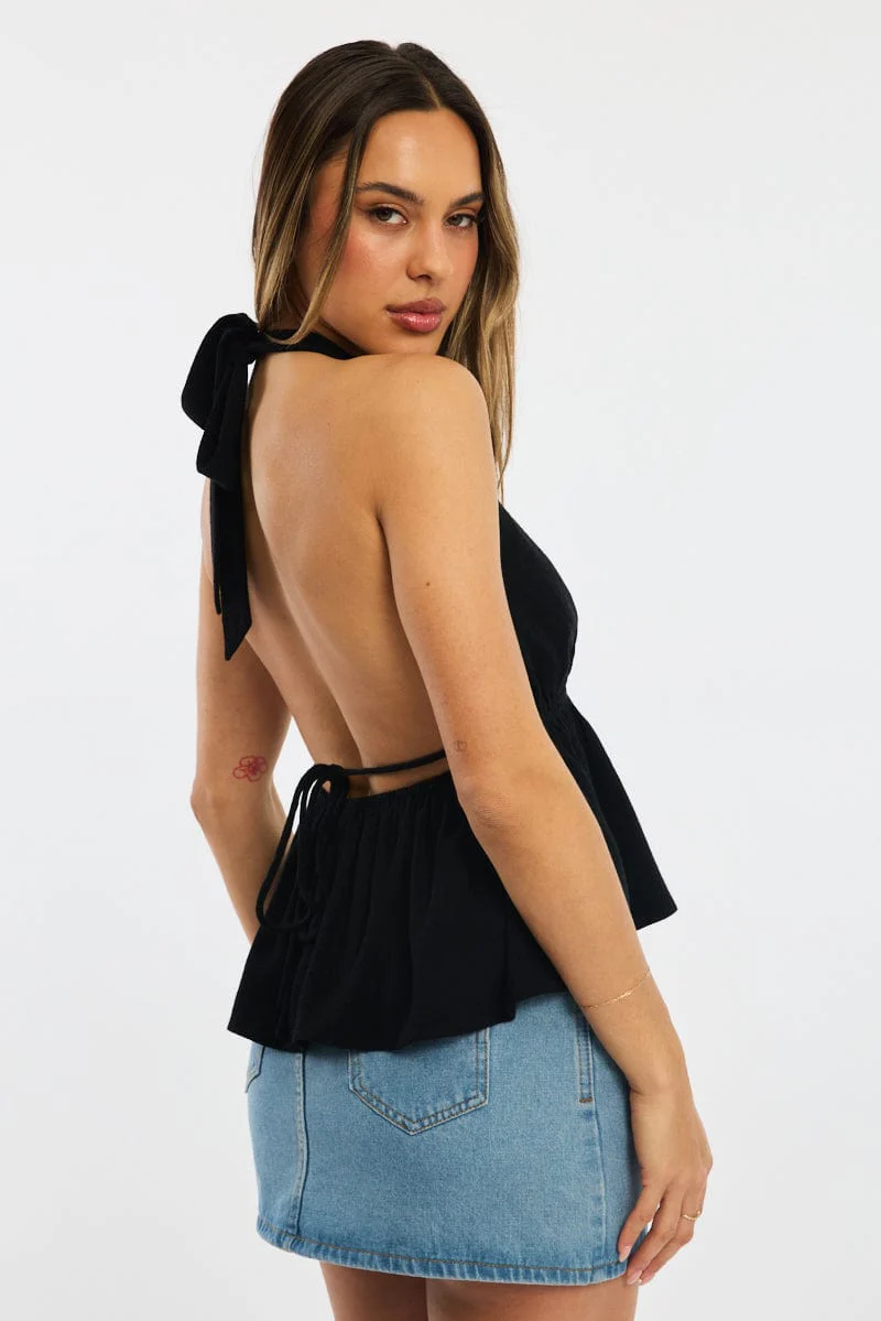Black Halter Top Sleeveless V-neck Linen Blend - Image 4