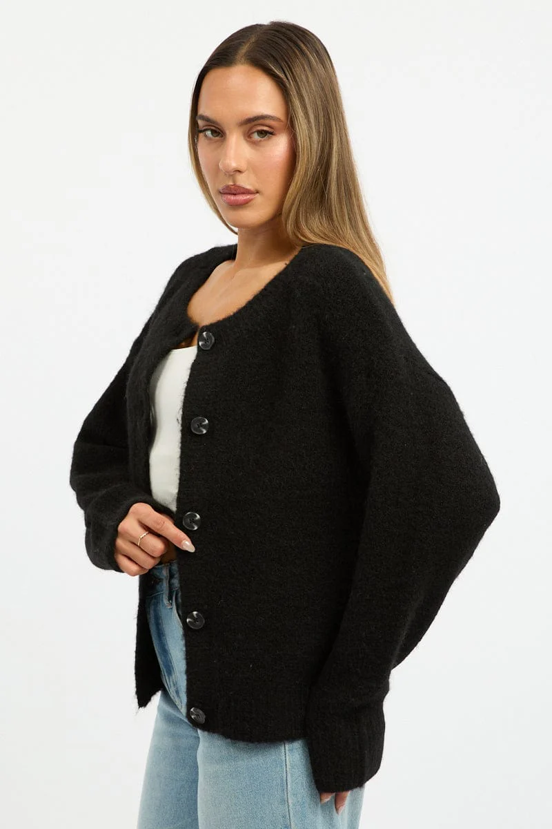 Black Knit Cardigan Crew Neck - Image 3