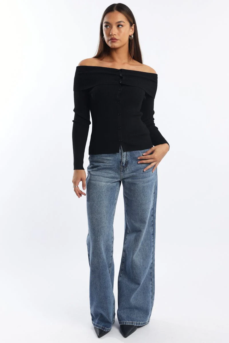 Black Knit Cardigan Long Sleeve Bardot - Image 2