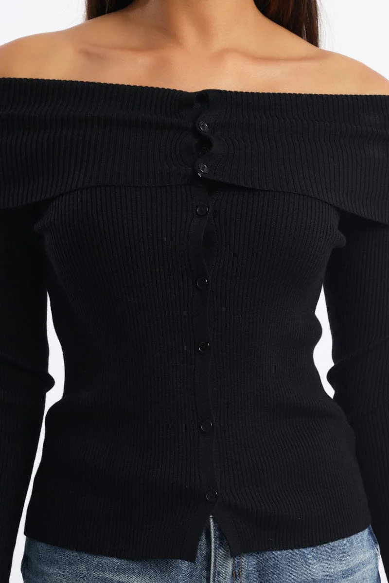 Black Knit Cardigan Long Sleeve Bardot - Image 5