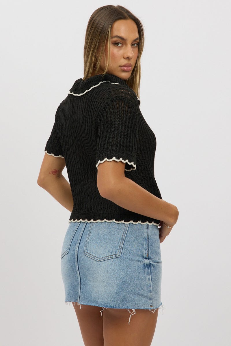 Black Knit Cardigan Short Sleeve Collared - Image 5