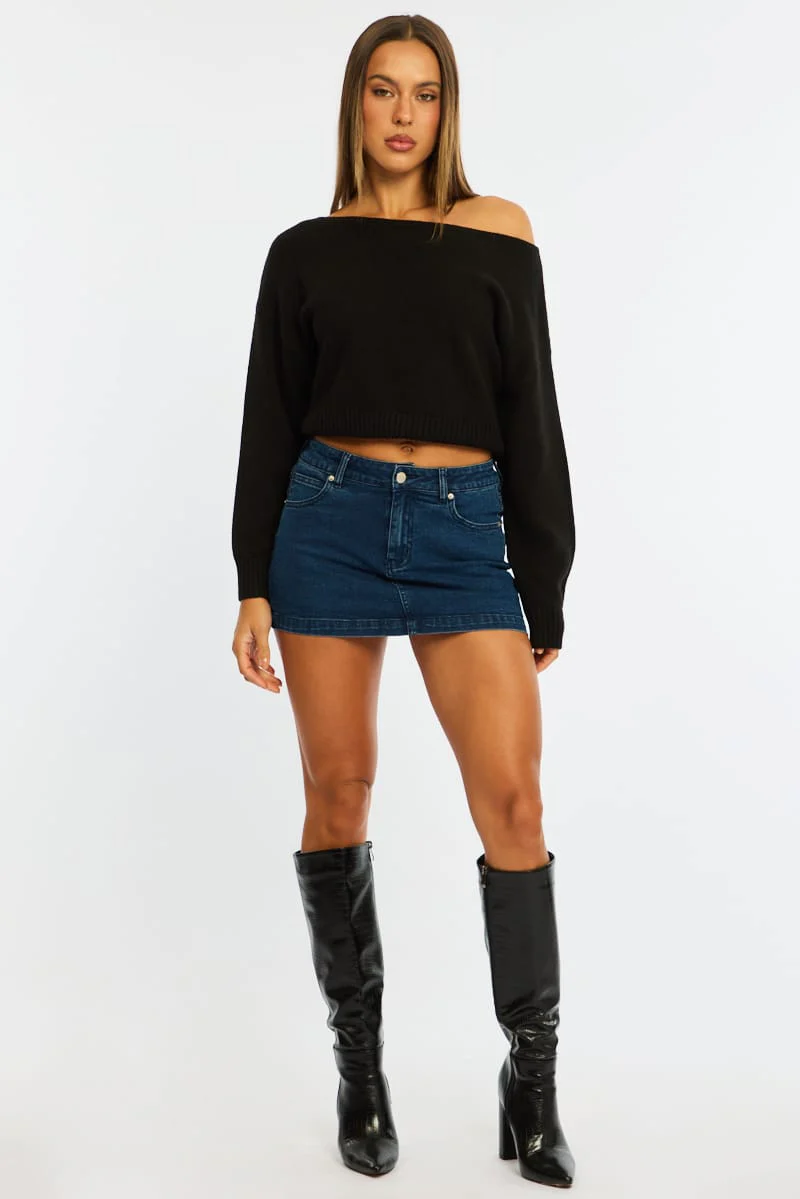 Black Knit Top Off Shoulder Long Sleeve - Image 3