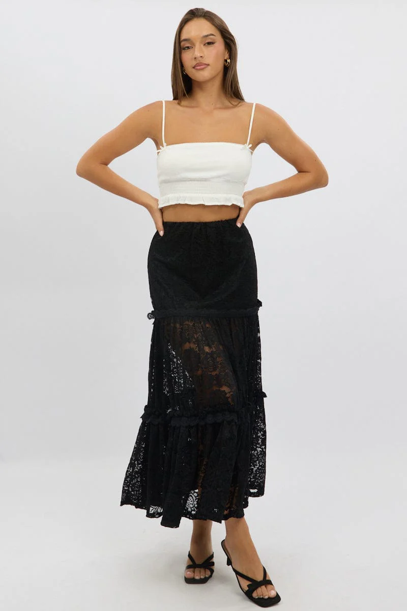Black Lace Maxi Skirt Elastic Waist Tiered Lined - Image 2