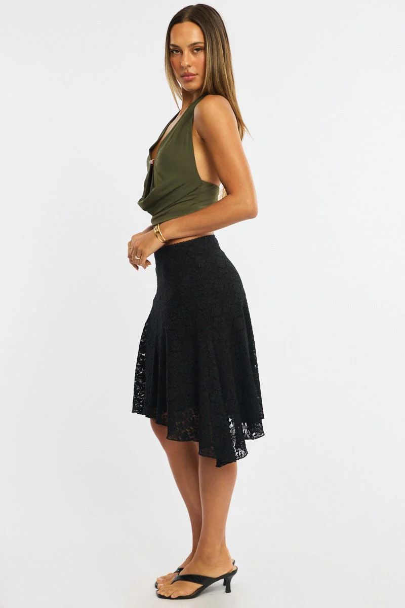 Black Lace Midi Skirt Mid Rise Textured Lined - Image 5