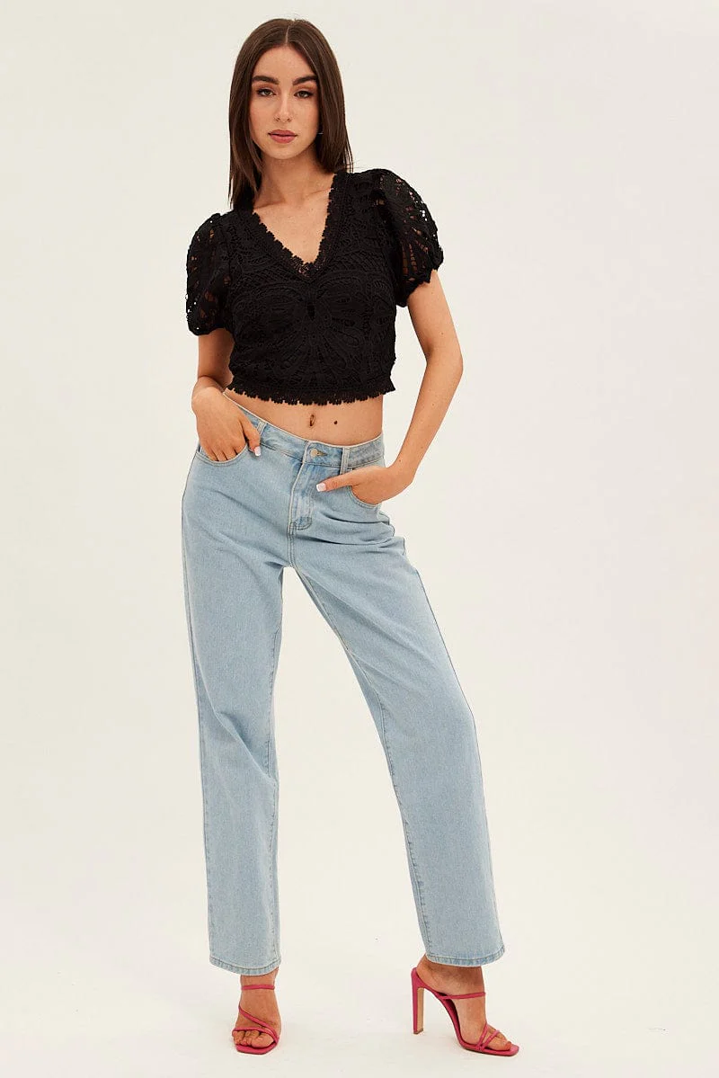 Black Lace Top Short Sleeve V Neck Crop - Image 2
