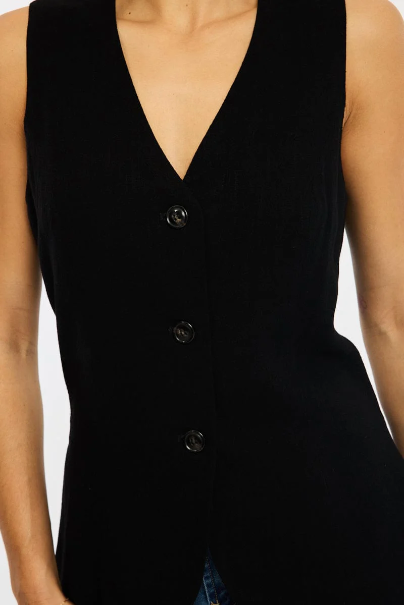 Black Linen Vest Longline V-neck - Image 5