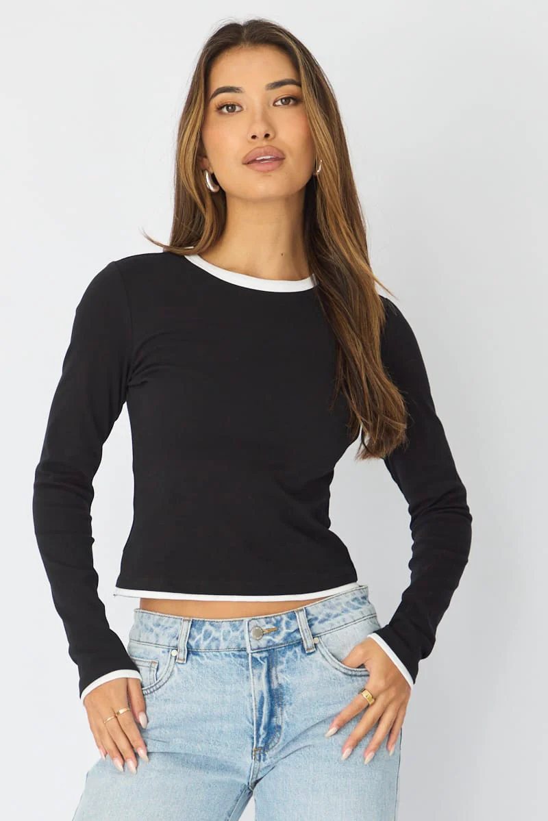 Black Long Sleeve Contrast Binding T-shirt - Image 3