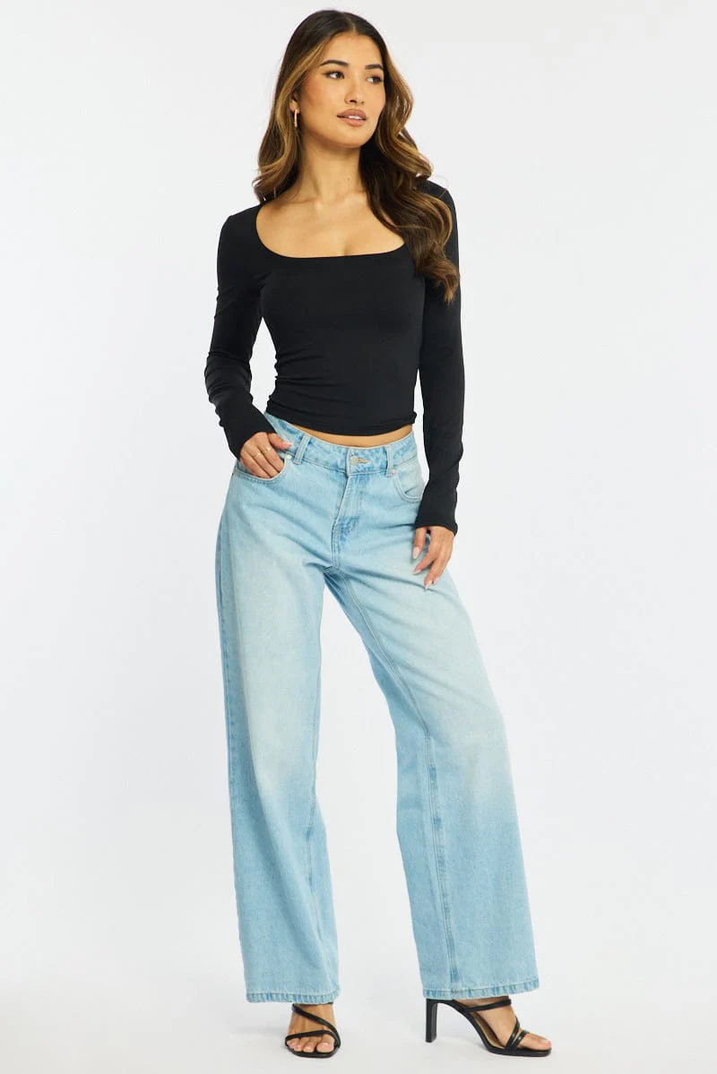 Black Long Sleeve Slim Fit Scoop Neck Top - Image 2