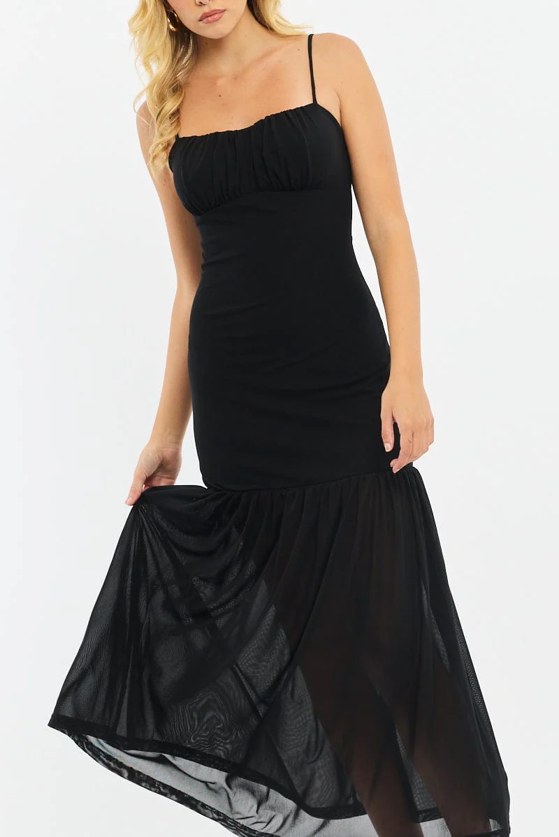 Black Maxi Dress Gathered Bust Mesh - Image 5