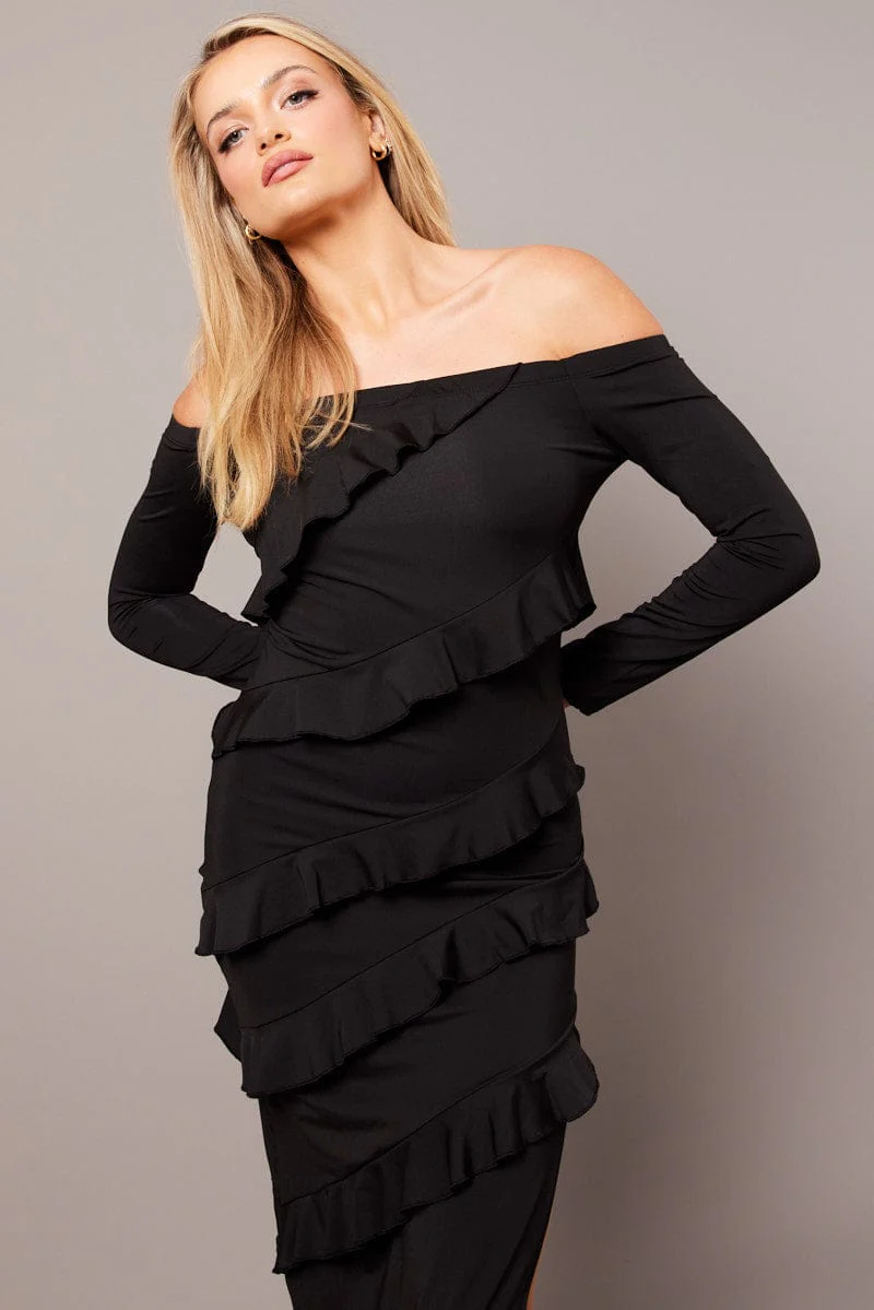 Black Maxi Dress Off Shoulder Ruffle Bardot Dress - Image 3