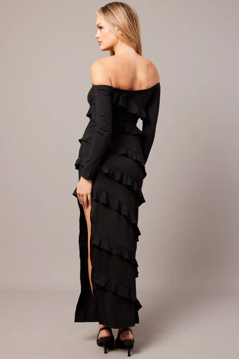 Black Maxi Dress Off Shoulder Ruffle Bardot Dress - Image 5
