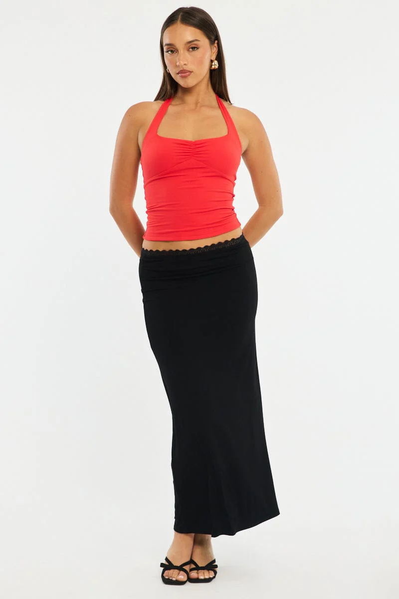 Black Maxi Skirt Elastic Waist Lace Trim Detail Lined