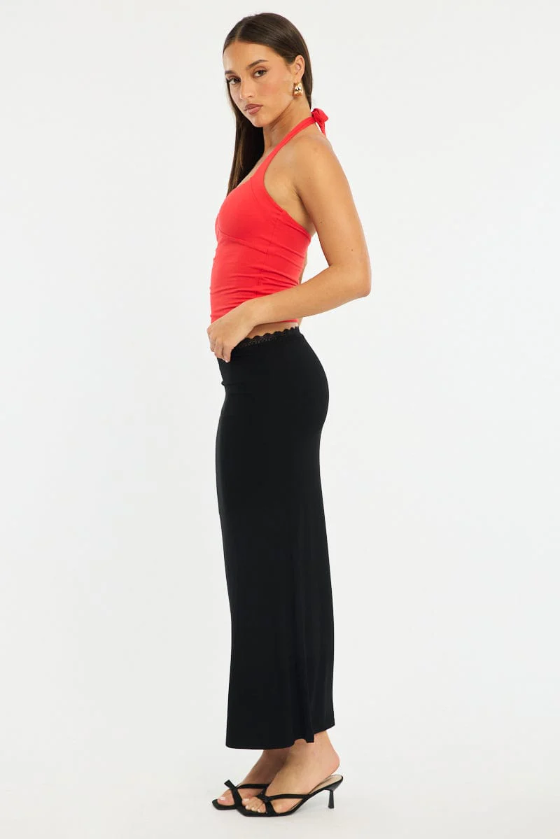 Black Maxi Skirt Elastic Waist Lace Trim Detail Lined - Image 3