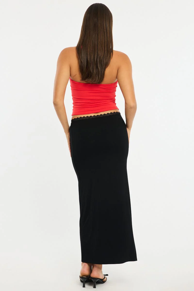 Black Maxi Skirt Elastic Waist Lace Trim Detail Lined - Image 4