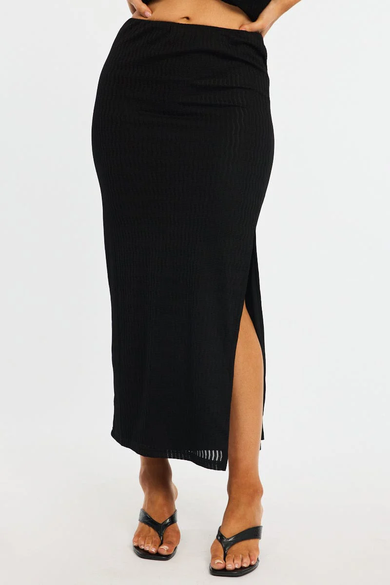 Black Maxi Skirt Elasticated Waist Side Split Textured - Image 2