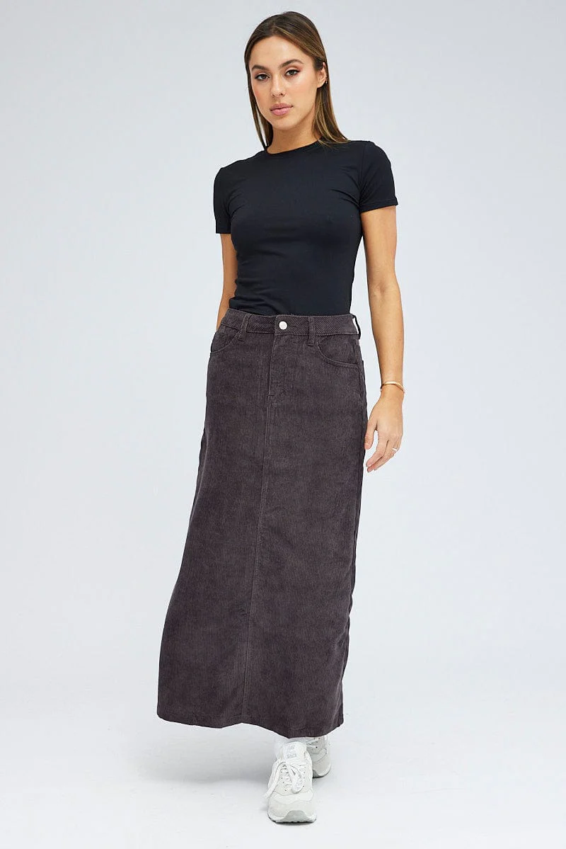 Black Maxi Skirt High Rise A-line Corduroy - Image 3
