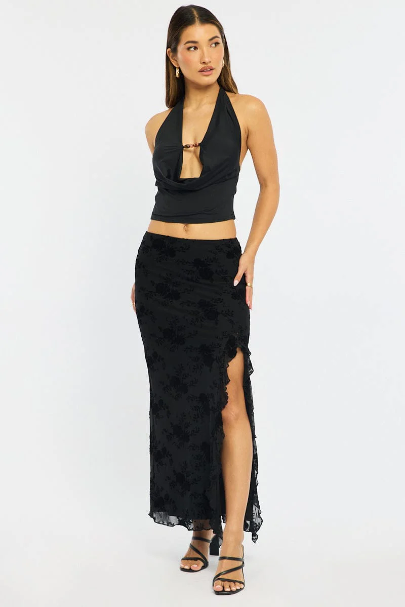 Black Maxi Skirt High Rise Ruffle Frill Hem Burnout