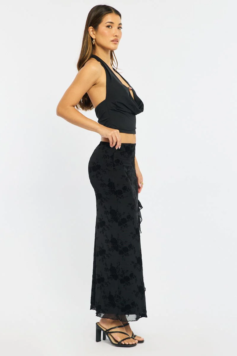 Black Maxi Skirt High Rise Ruffle Frill Hem Burnout - Image 4