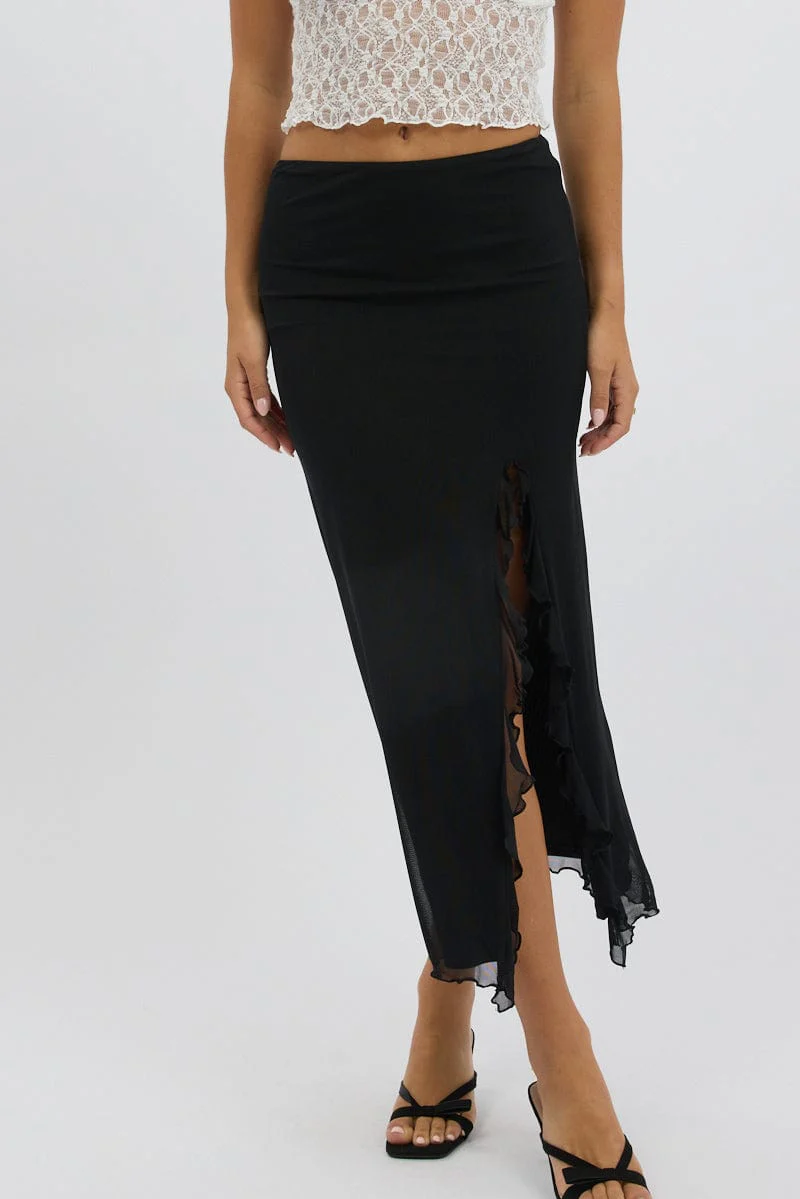 Black Maxi Skirt High Rise Ruffled Slit  Frill Hem Mesh - Image 3