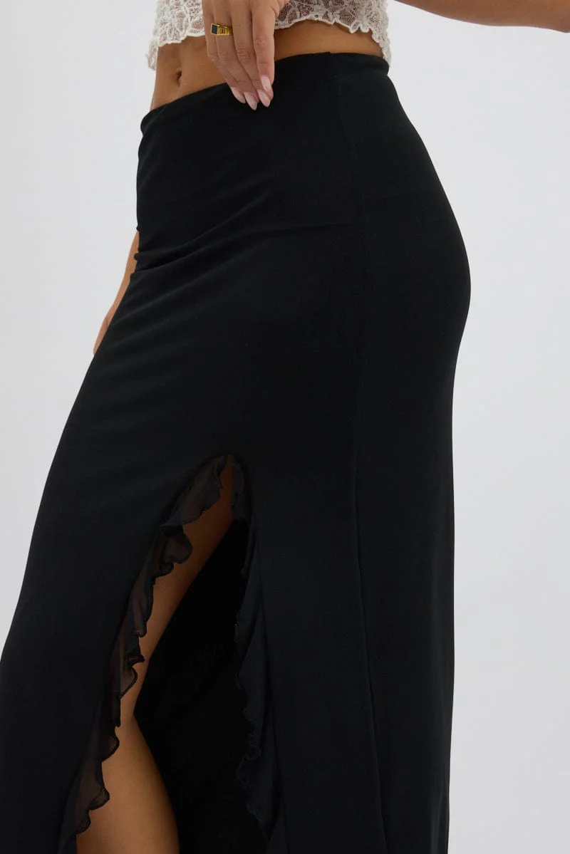 Black Maxi Skirt High Rise Ruffled Slit  Frill Hem Mesh - Image 6