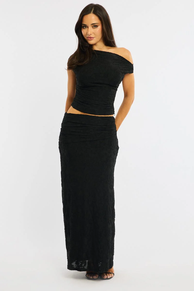 Black Maxi Skirt Textured Gathered Waist Stretch Lined