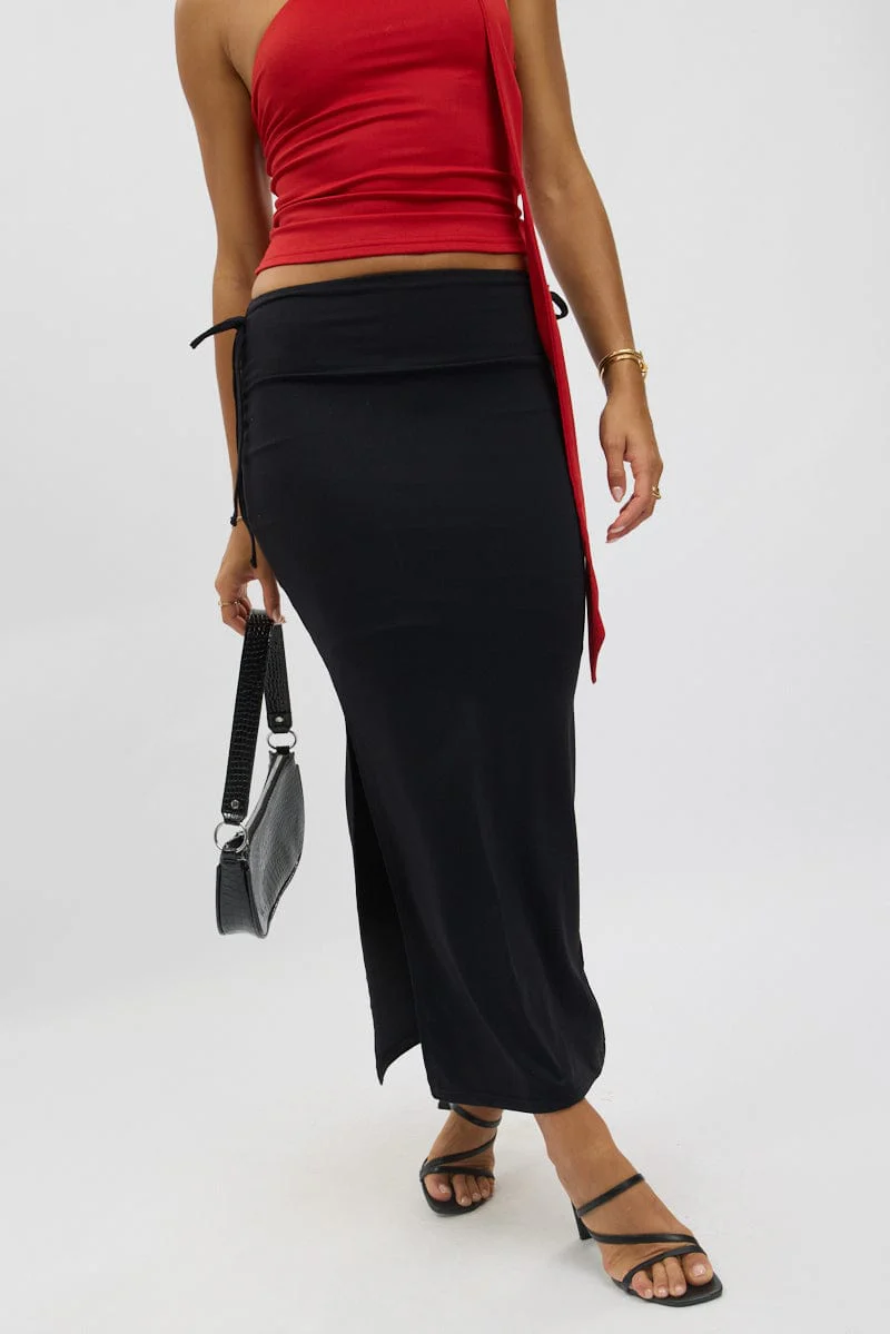 Black Midaxi Skirt Elastic Waist Spliced Bow Supersoft - Image 2