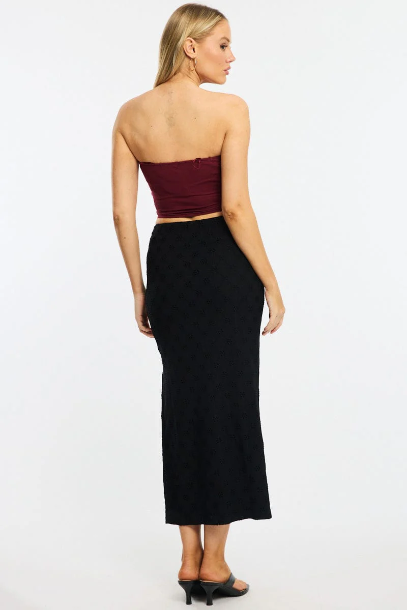 Black Midaxi Skirt Elastic Waisthigh Rise Stretch Eyelet - Image 4