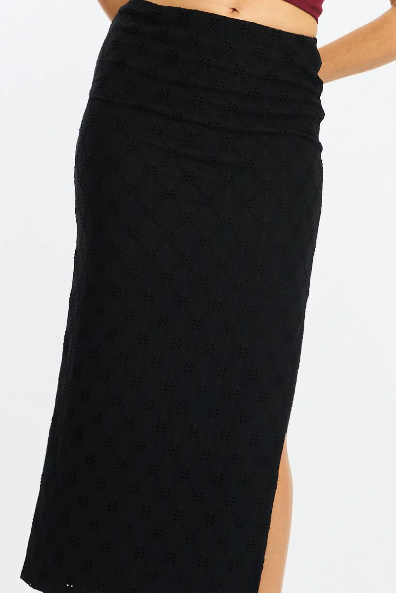 Black Midaxi Skirt Elastic Waisthigh Rise Stretch Eyelet - Image 5