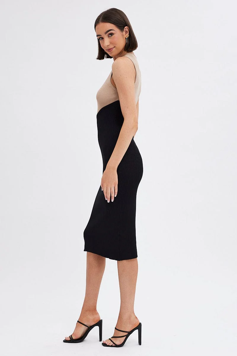 Black Midi Dress Round Neck Colour Blocked Knit - Image 4