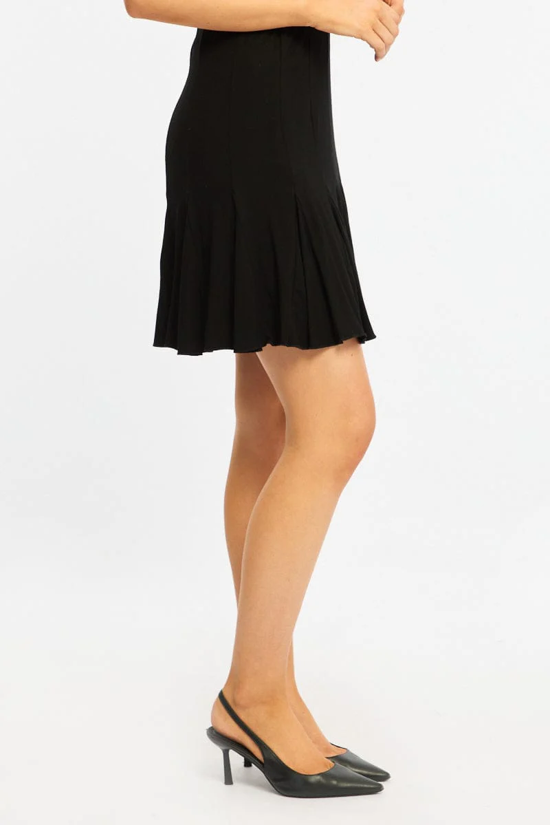 Black Midi Skirt Elastic Waist Knee Length Brushed Lined - Image 3
