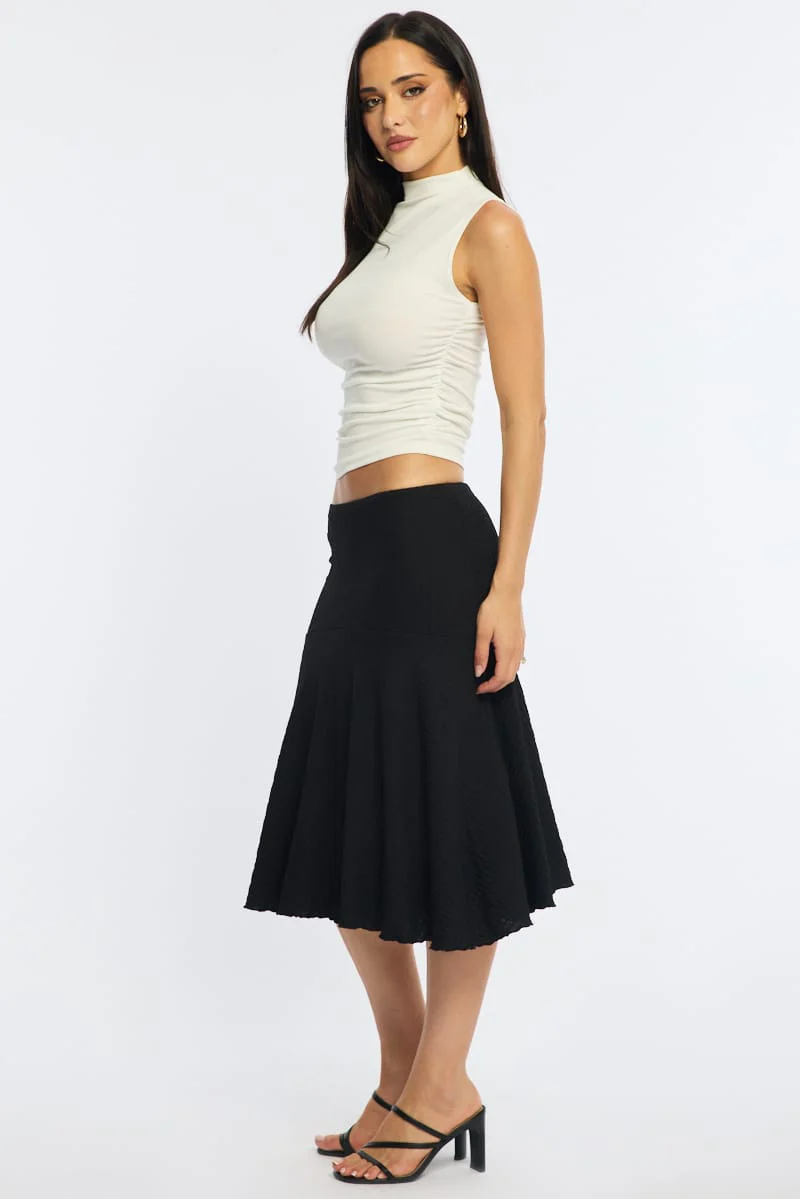 Black Midi Skirt Elastic Waist Textured Lined - Image 5
