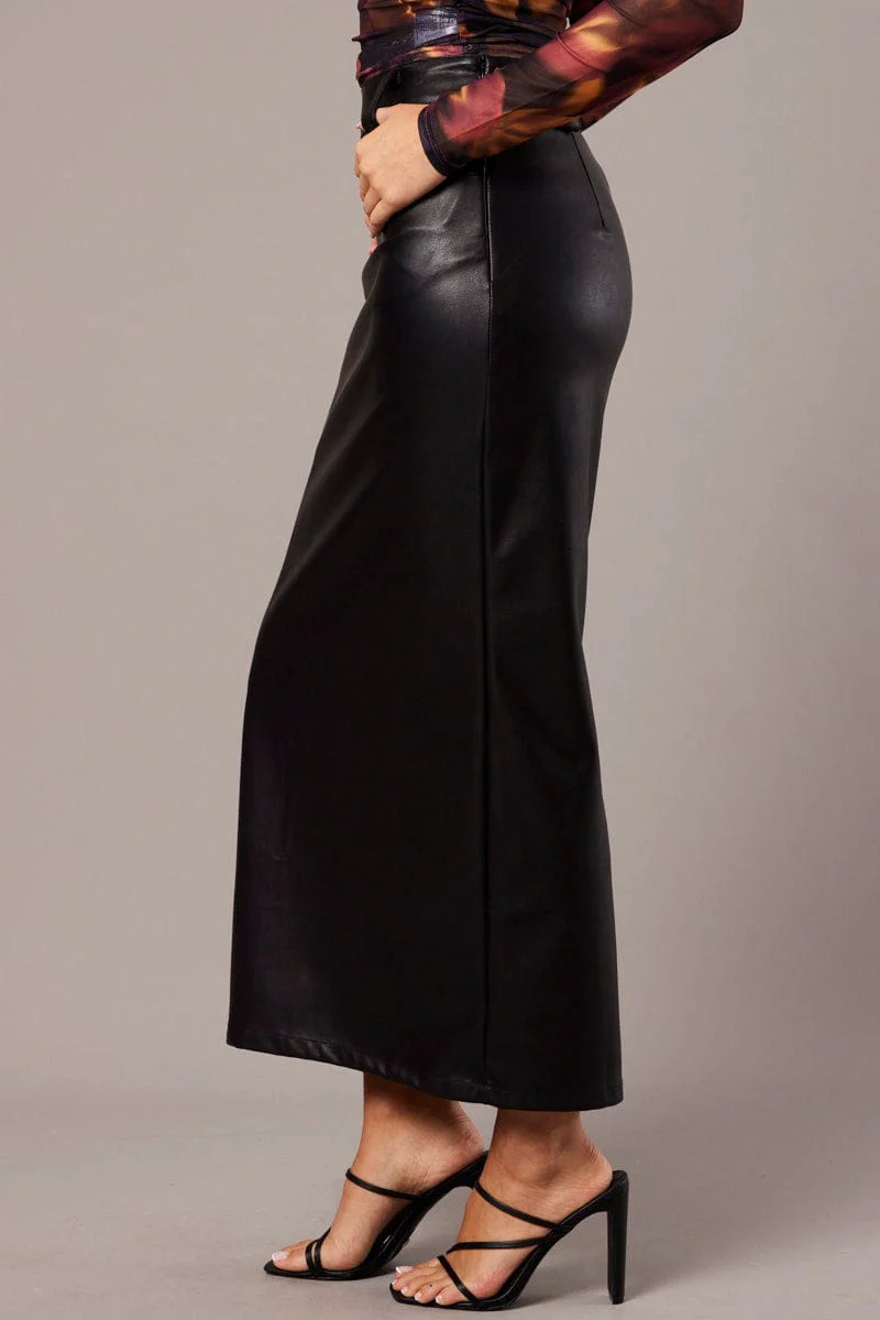 Black Midi Skirt Faux Leather - Image 4