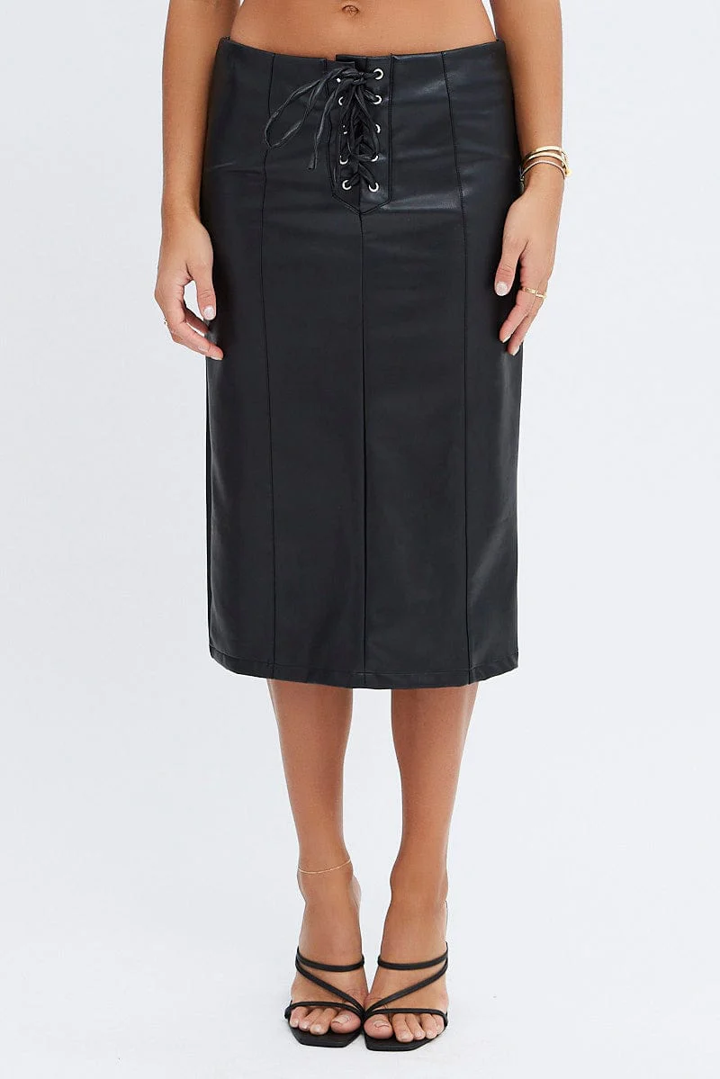 Black Midi Skirt Low Rise Lace Up Front Faux Leather PU - Image 2