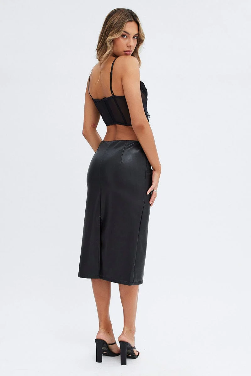 Black Midi Skirt Low Rise Lace Up Front Faux Leather PU - Image 5