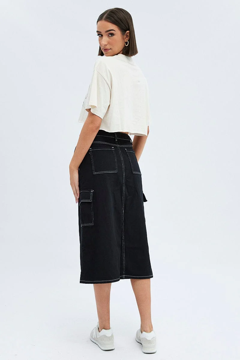 Black Midi Skirt Mid Rise A-line Cargo Contrast Stitch - Image 5