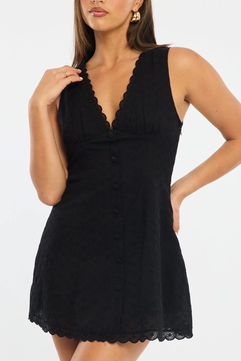 Black Mini Dress V-neck Eyelet Fabric - Image 5