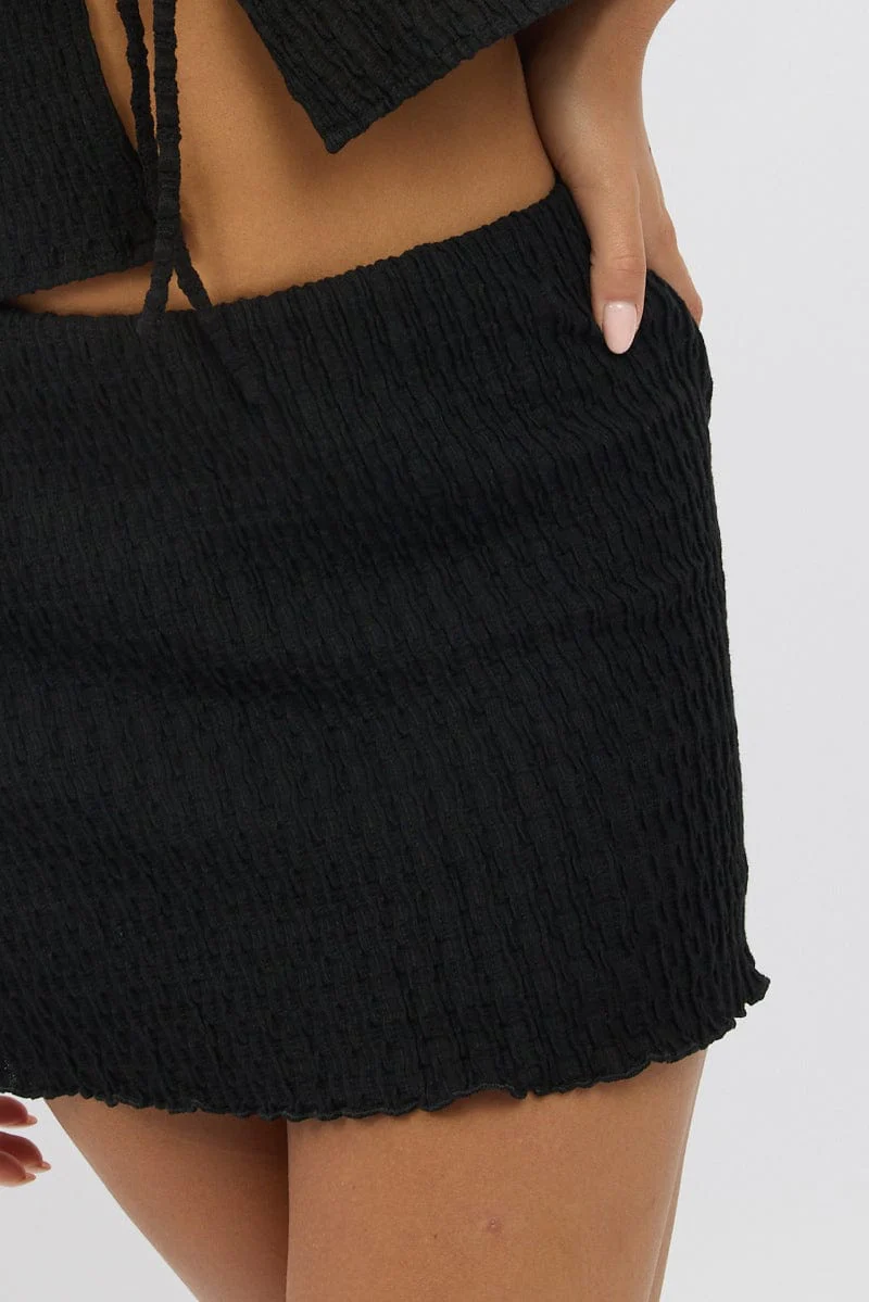 Black Mini Skirt Elasticated Waist Textured Lined - Image 6
