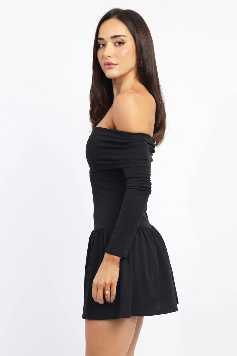 Black Off Shoulder Mini Dress - Image 3