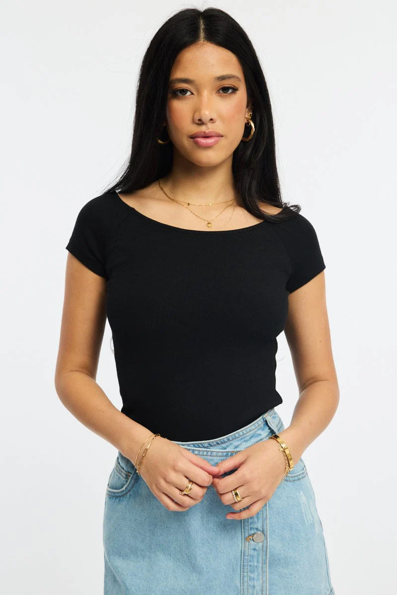 Black Off Shoulder Top Rib