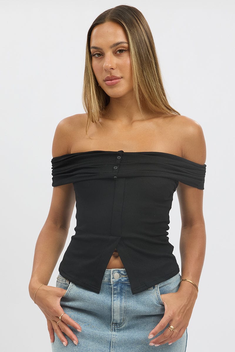 Black Off Shoulder Top Rib - Image 3