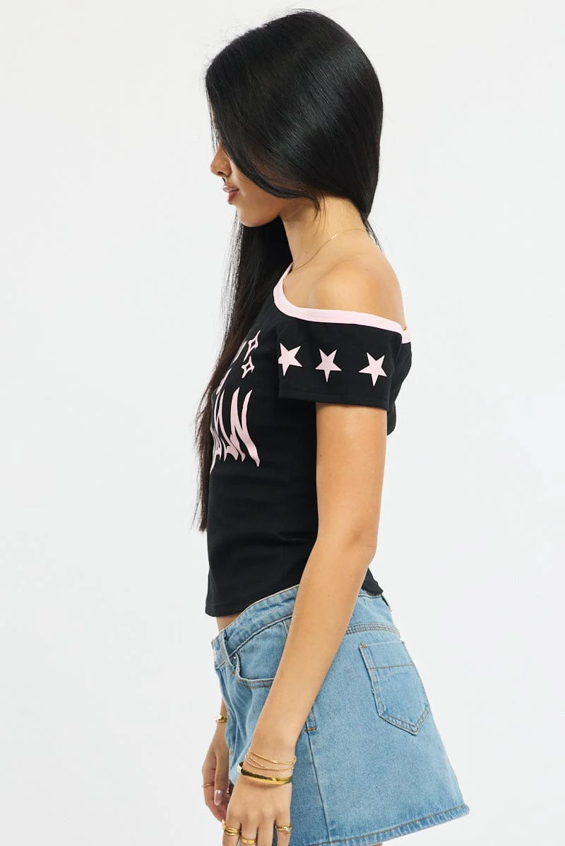Black One Shoulder Graphic Tee - Image 3
