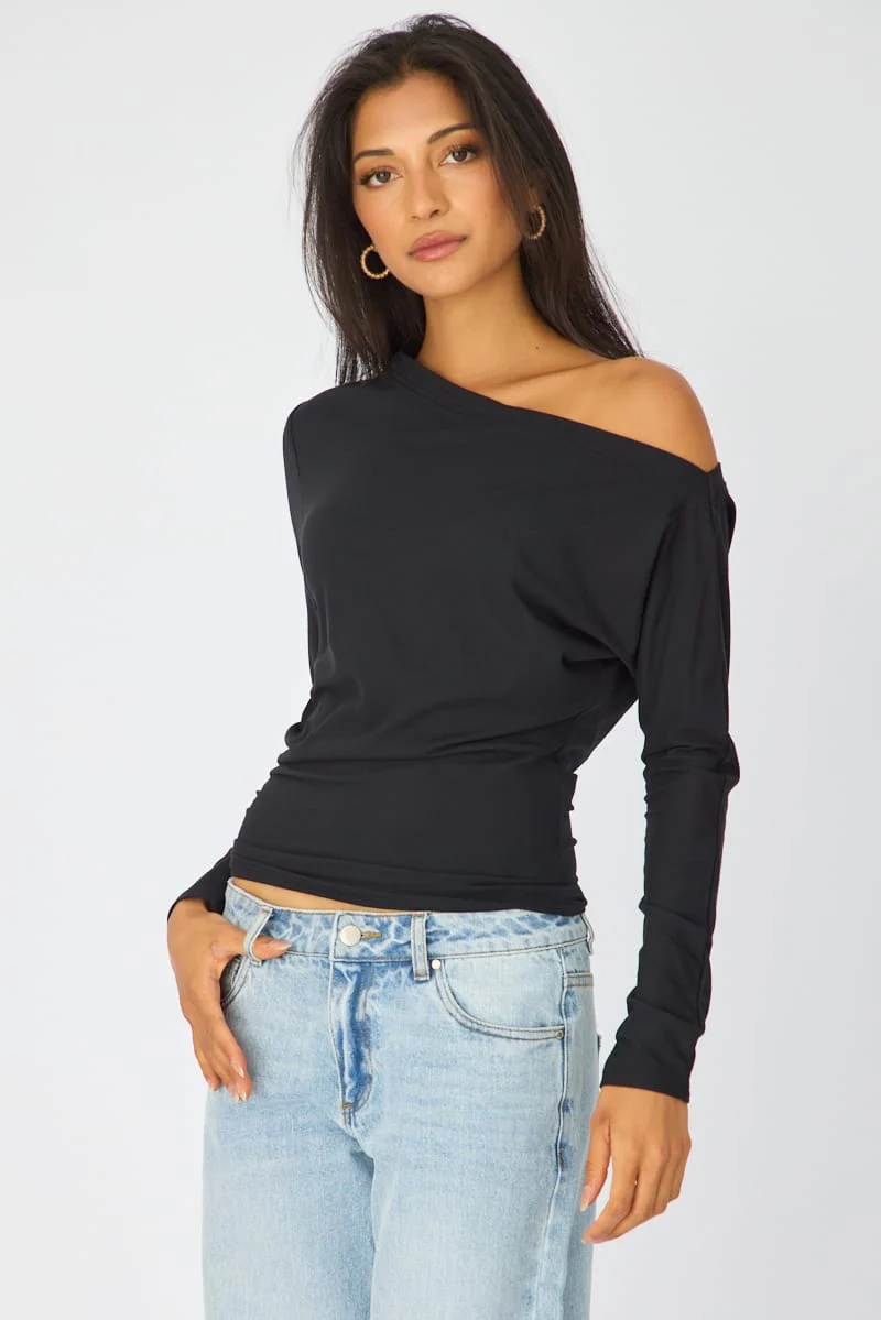 Black One Shoulder Top Long Sleeve