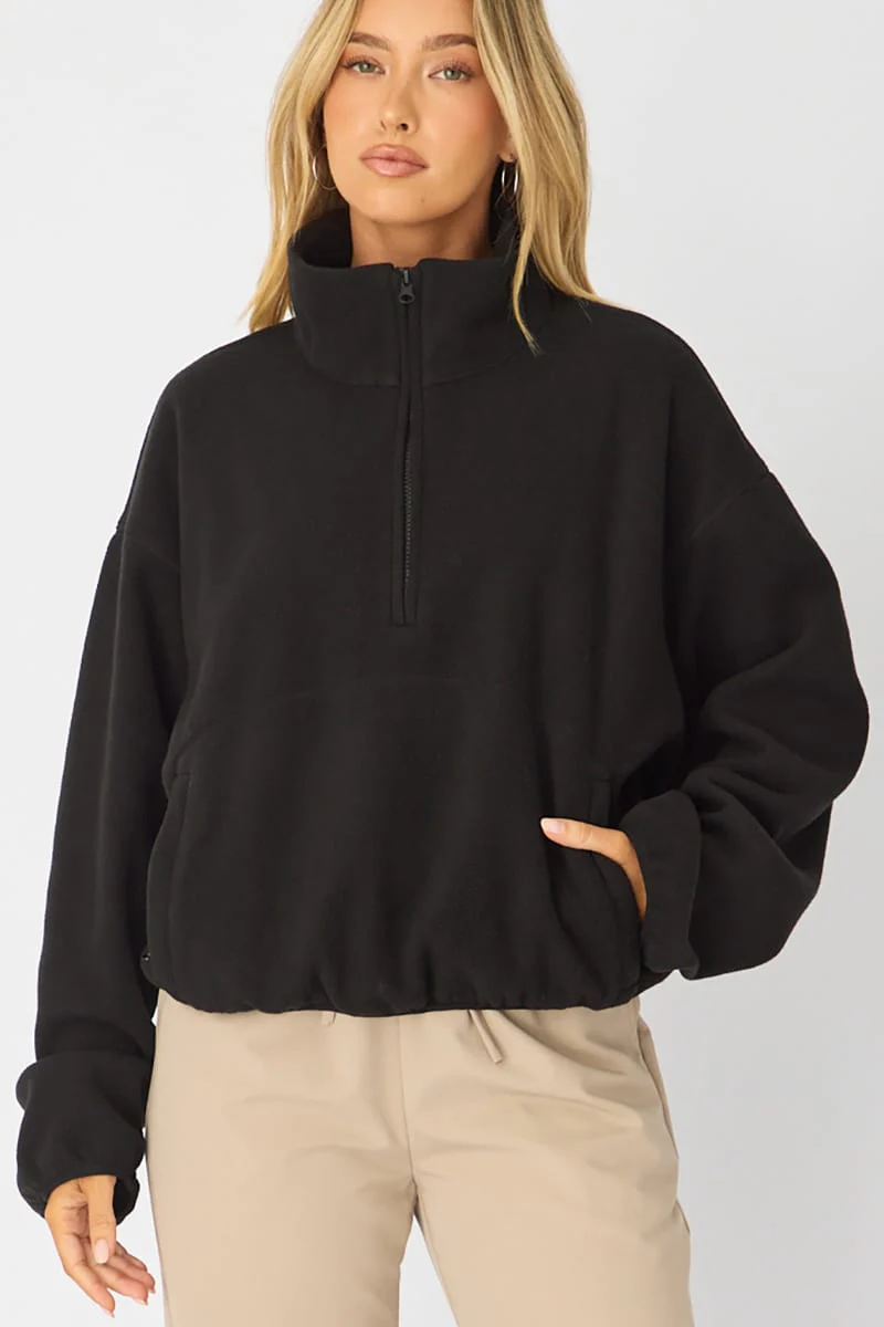 Black Oversized Fit Long Sleeve Fleece Sweater - Image 2