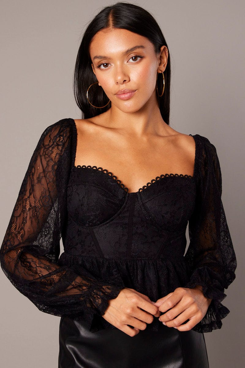Black Peplum Top Long Sleeve Lace - Image 3