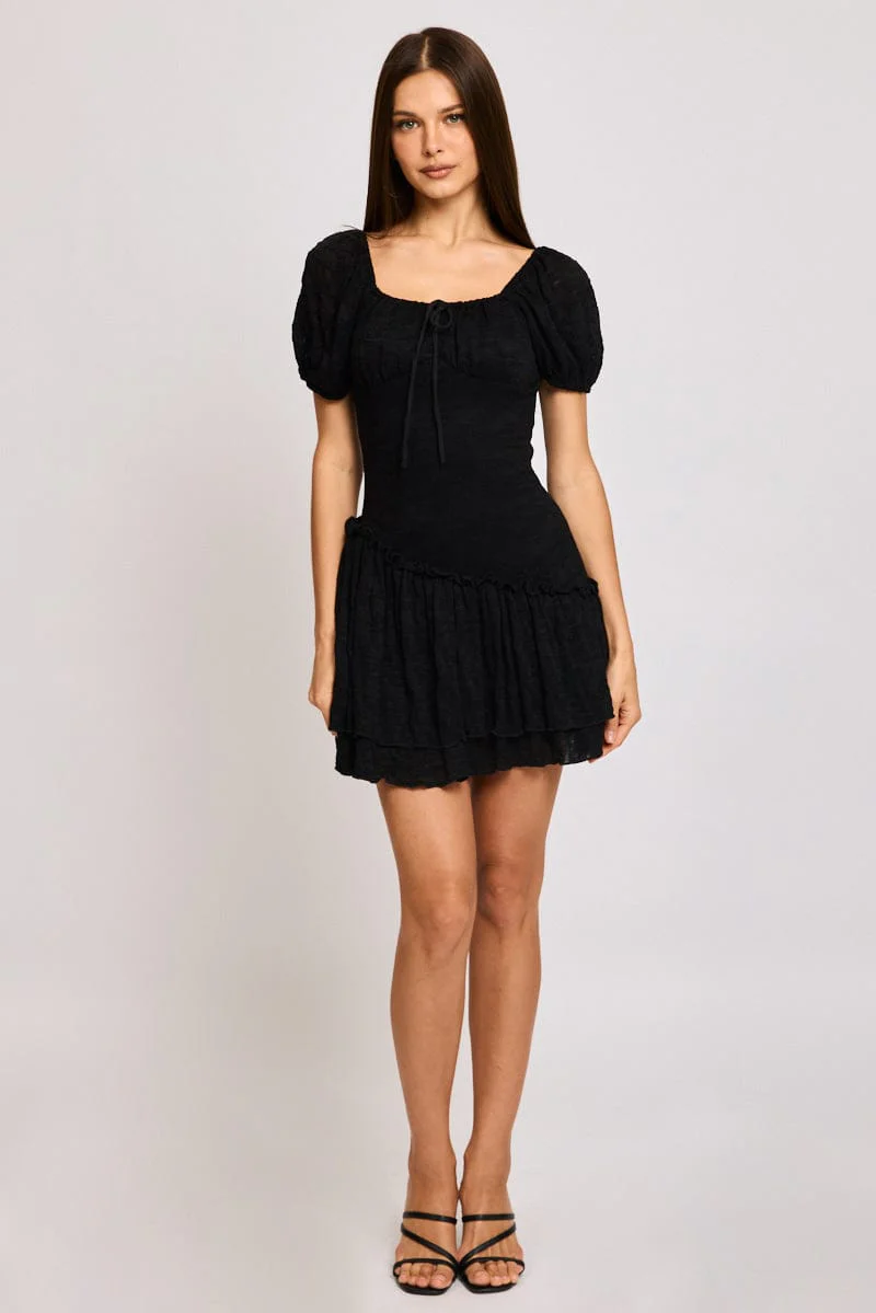 Black Playsuit Puff Sleeve Lace Fabric - Image 2
